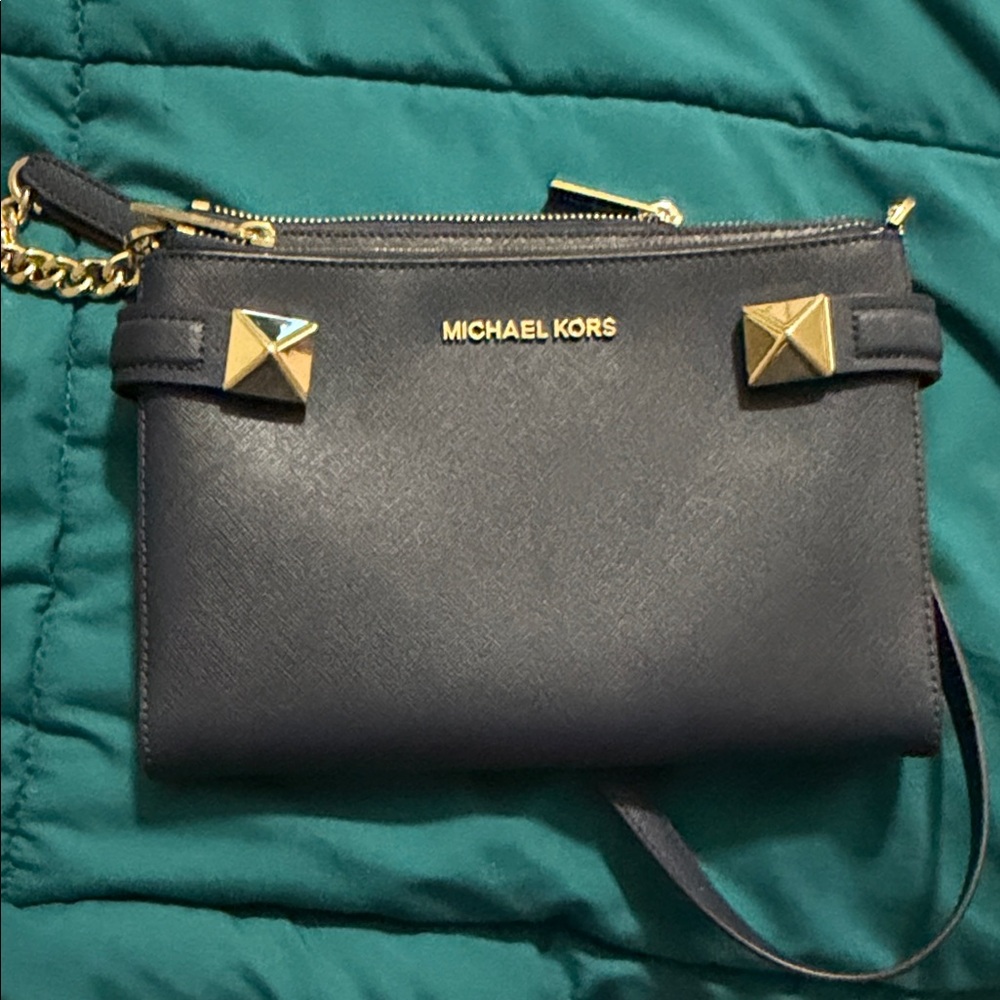Michael Kors Dark Blue Crossbody Bag with Gold Accents